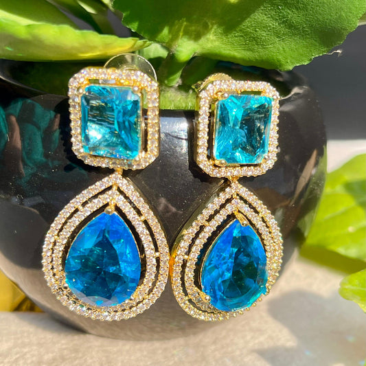 Elegant Blue Stone Drop Earrings with Crystal Borders - Timeless Luxury | Naseem Fashion Hub