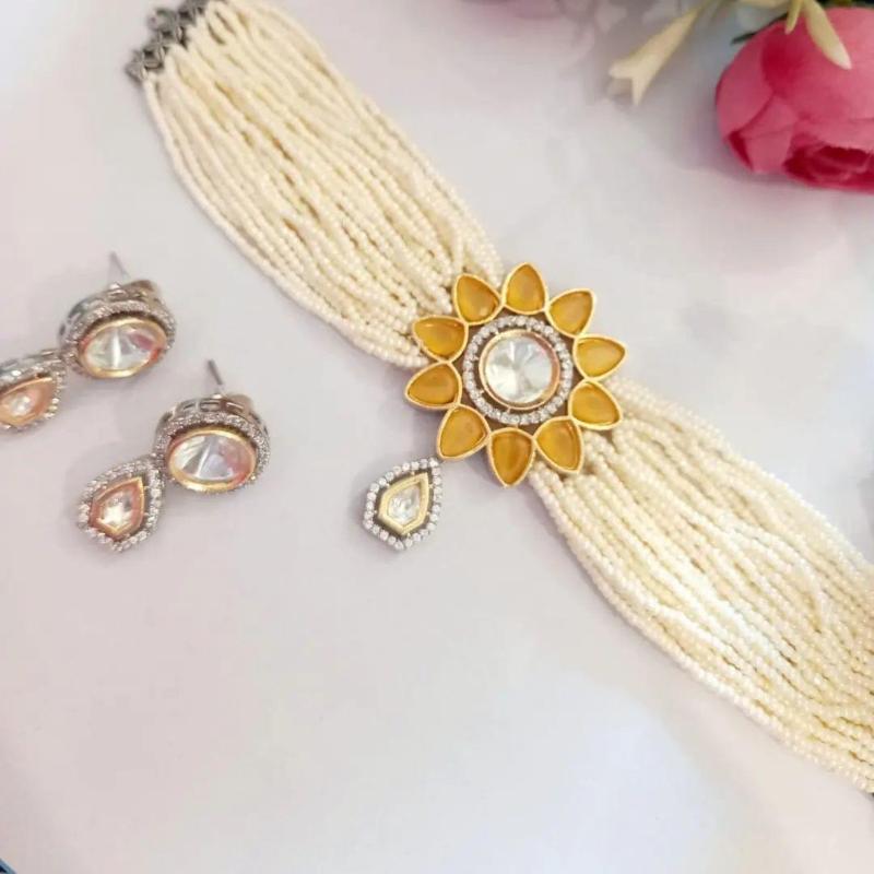 White Choker with Earrings – Adorned with Artificial Diamond-Naseem Fashion Hub