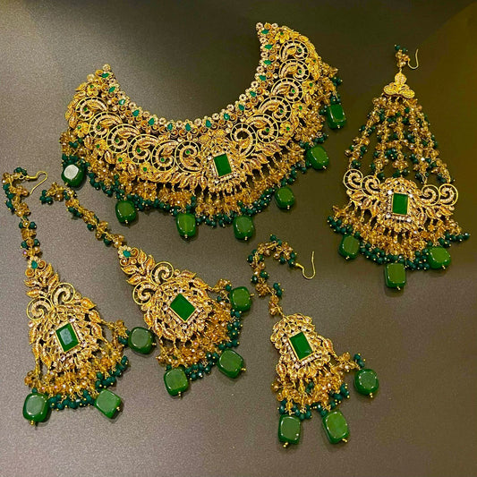 Gold-Plated Bridal Set with Real Stones - Regal Elegance | Naseem Fashion Hub