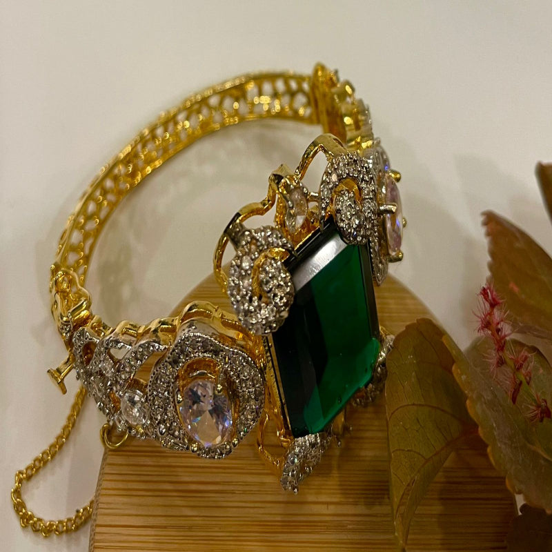 RP Zarcon Gold Polish Handcuff with Green Stone - Regal Elegance | Naseem Fashion Hub